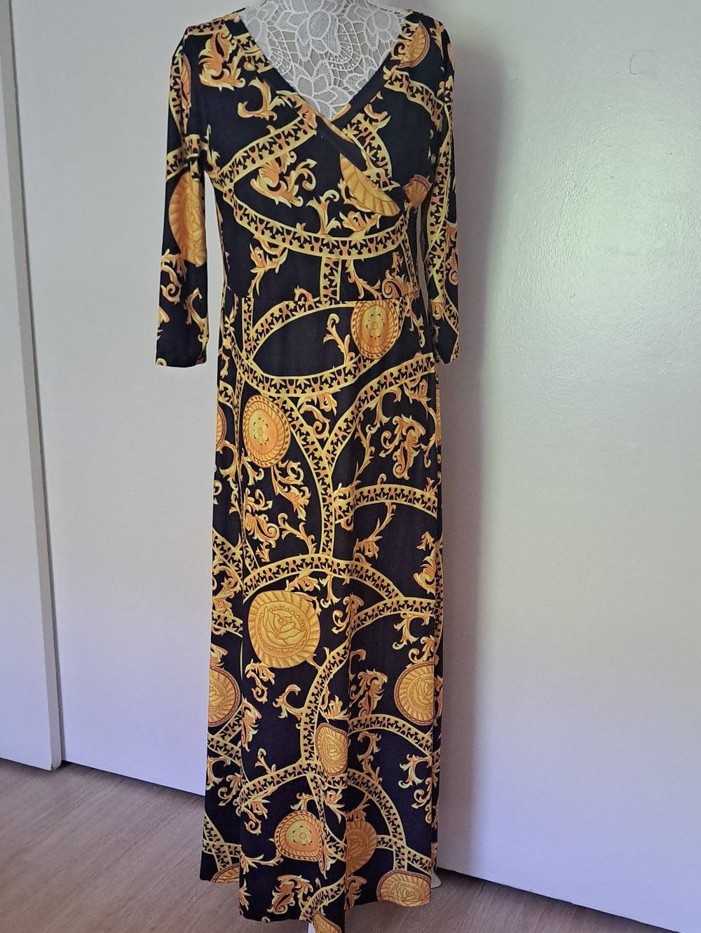 Black & Gold Baroque-Print V-Neck Maxi Dress
